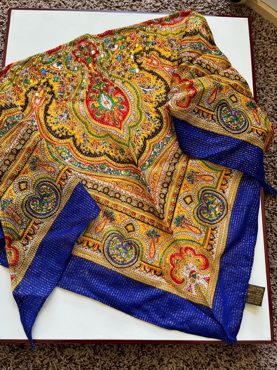 Accessories - Vibrant Paisley Silk-Feel Scarf - Blue & Yellow